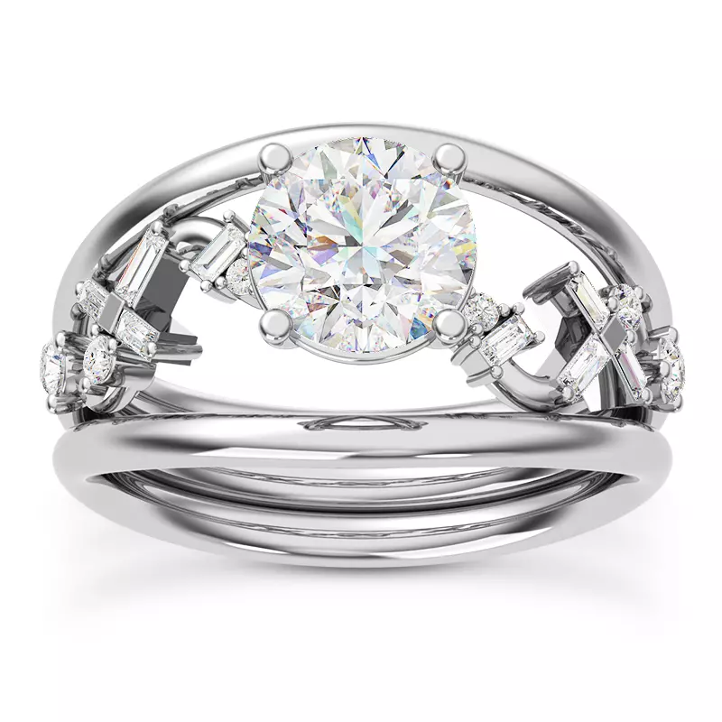 18K White Gold Myra Round And Baguette Winding Diamond Engagement Ring