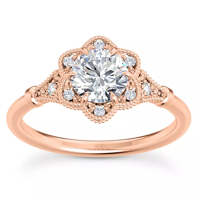 14K Rose Gold Solaris Floral Beaded Halo Engagement Ring