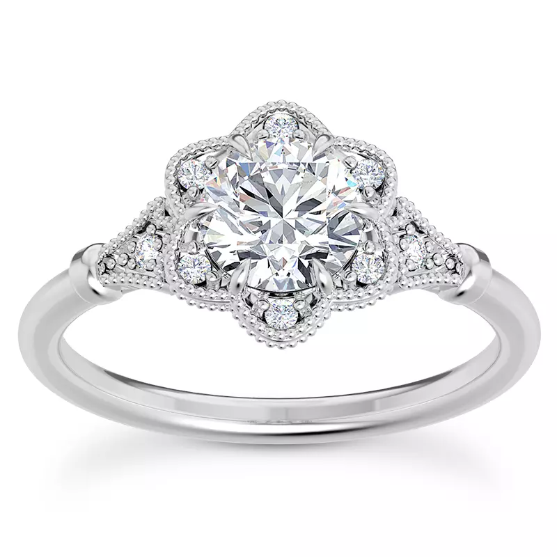 18K White Gold Solaris Floral Beaded Halo Engagement Ring