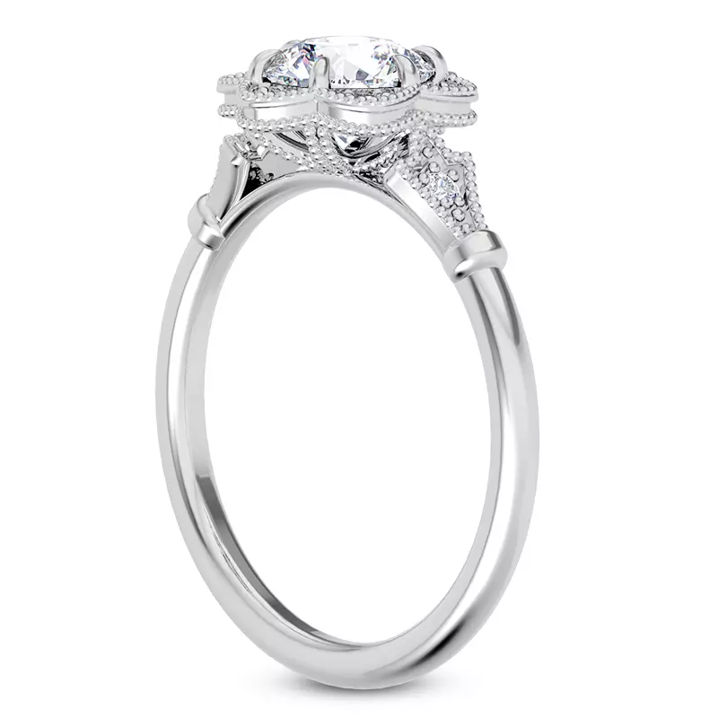 18K White Gold Solaris Floral Beaded Halo Engagement Ring