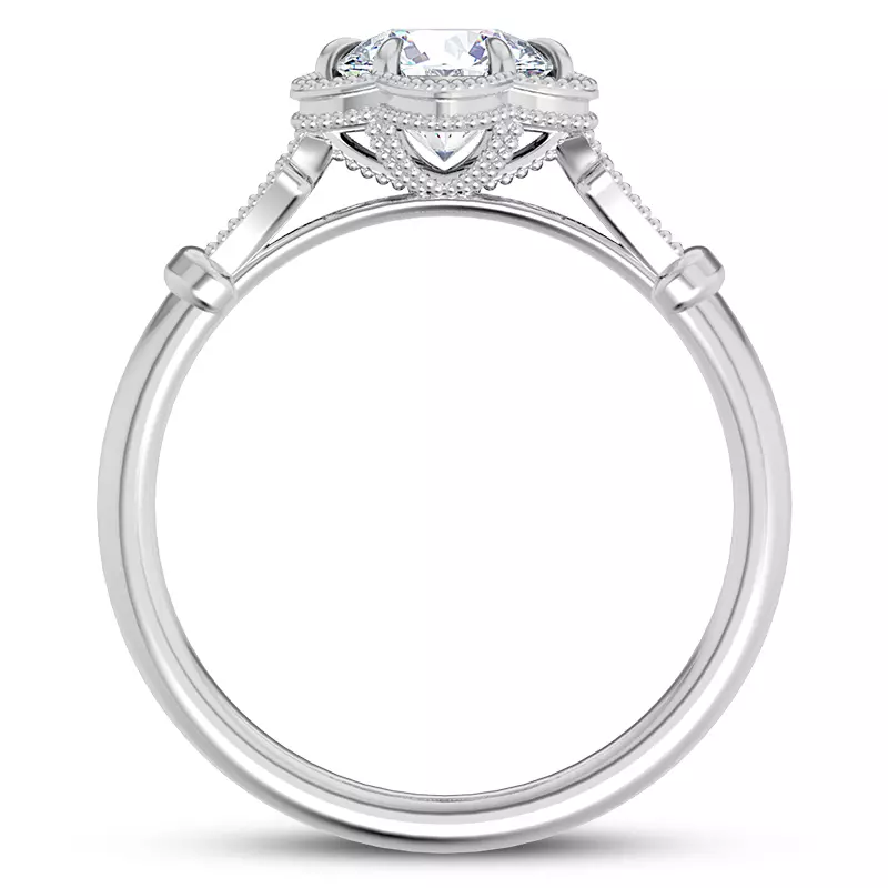 18K White Gold Solaris Floral Beaded Halo Engagement Ring