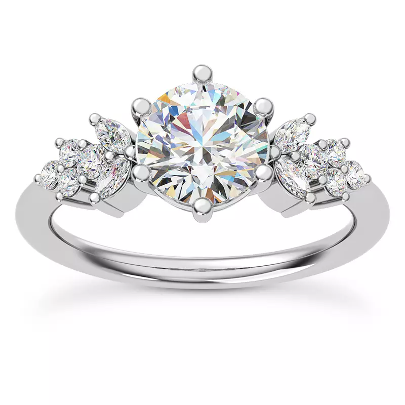 14K White Gold Dee Marquise And Round Diamond Cluster Engagement Ring