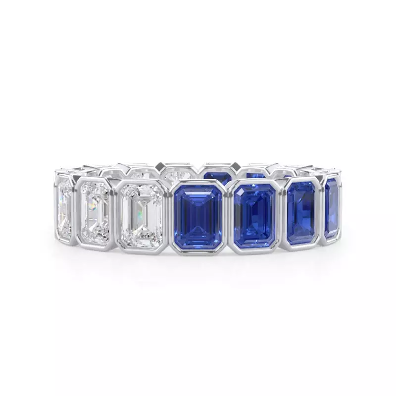 Dual Harmony Emerald-Cut Sapphire and Diamond Bezel Eternity Ring