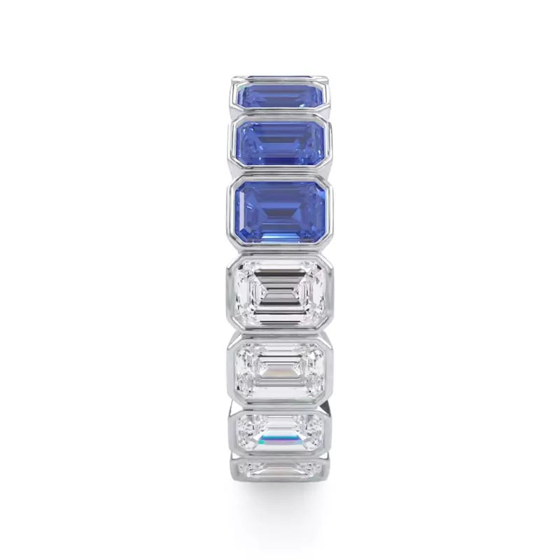 14K White Gold Dual Harmony Emerald-Cut Sapphire and Diamond Bezel Eternity Ring