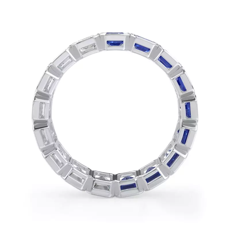 14K White Gold Dual Harmony Emerald-Cut Sapphire and Diamond Bezel Eternity Ring