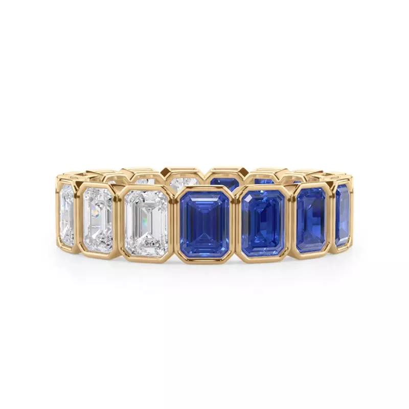 14K Yellow Gold Dual Harmony Emerald-Cut Sapphire and Diamond Bezel Eternity Ring