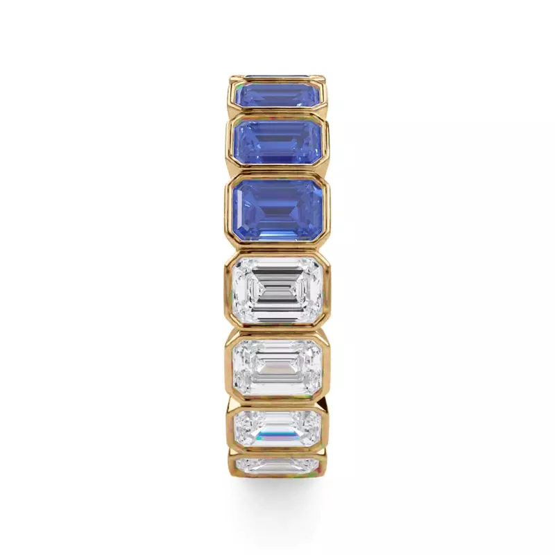 14K Yellow Gold Dual Harmony Emerald-Cut Sapphire and Diamond Bezel Eternity Ring