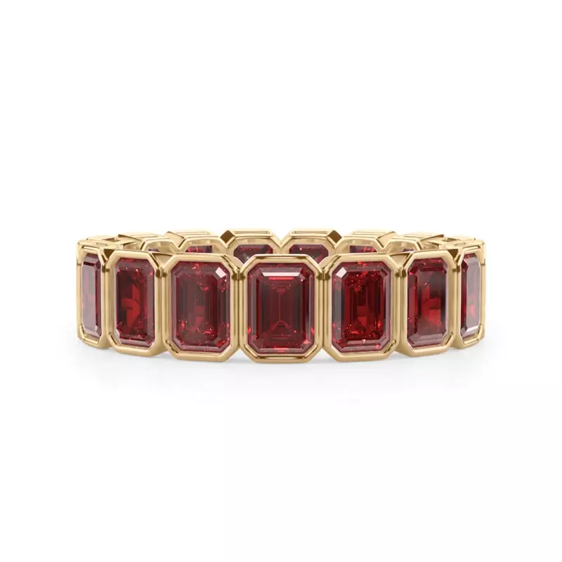 14K Yellow Gold Ruby Emerald-Cut Bezel Set Eternity Ring