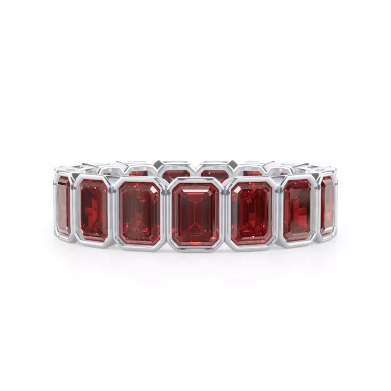 18K White Gold Ruby Emerald-Cut Bezel Set Eternity Ring