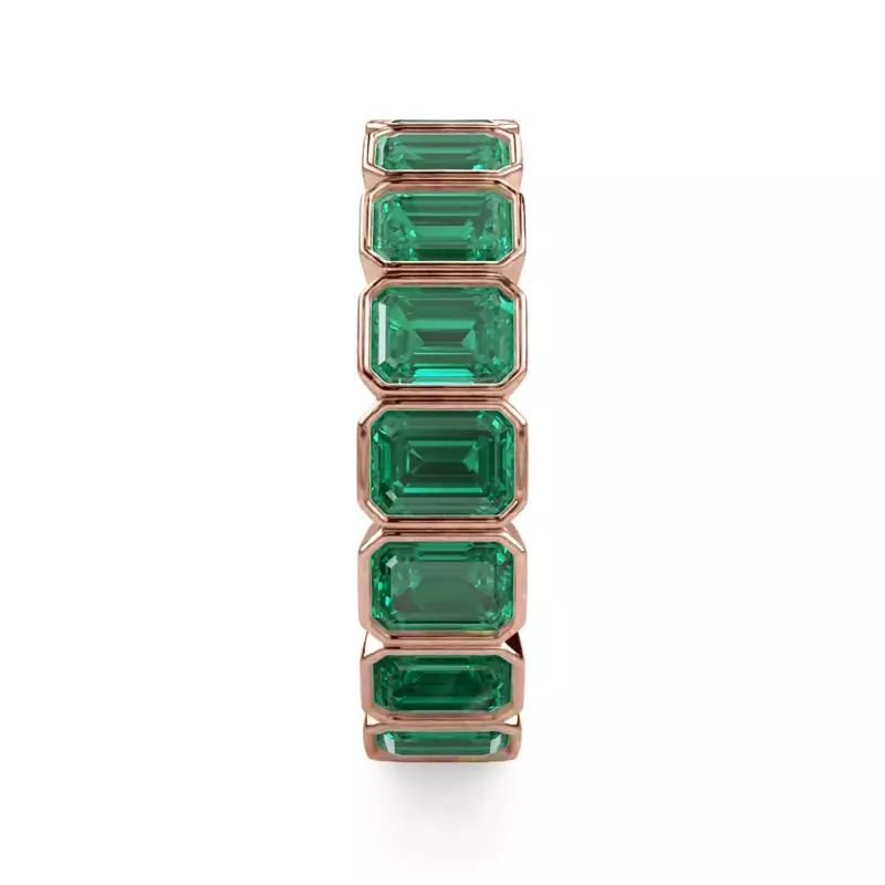18K Rose Gold Vibrant Green Emerald-Cut Bezel Set Eternity Band
