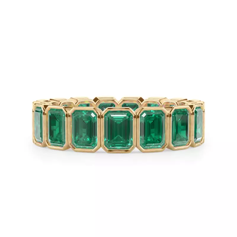 18K Yellow Gold Vibrant Green Emerald-Cut Bezel Set Eternity Band