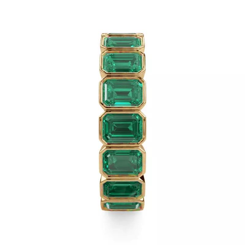 18K Yellow Gold Vibrant Green Emerald-Cut Bezel Set Eternity Band
