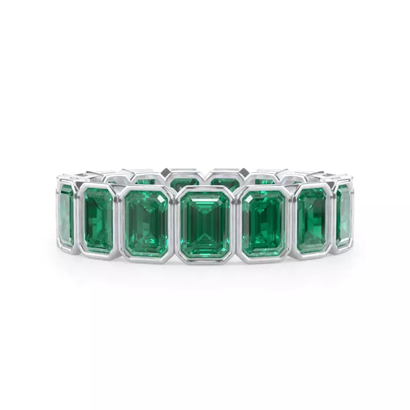 Platinum Vibrant Green Emerald-Cut Bezel Set Eternity Band