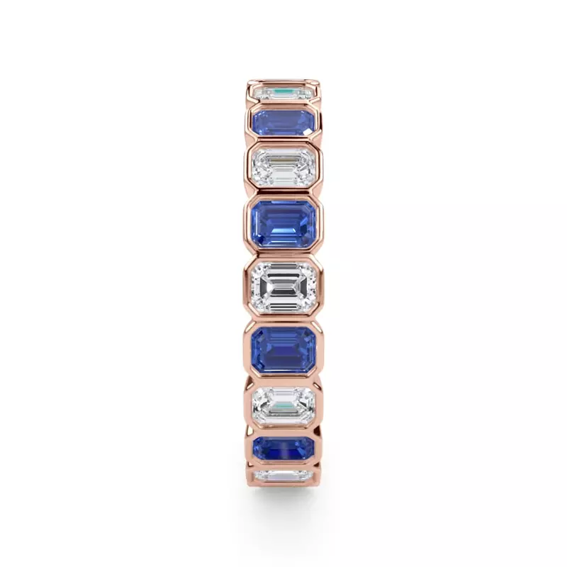 14K Rose Gold Sapphire and Lab Diamond Emerald-Cut Bezel Eternity Band