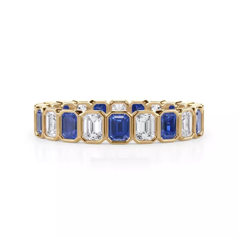 14K Yellow Gold Sapphire and Lab Diamond Emerald-Cut Bezel Eternity Band