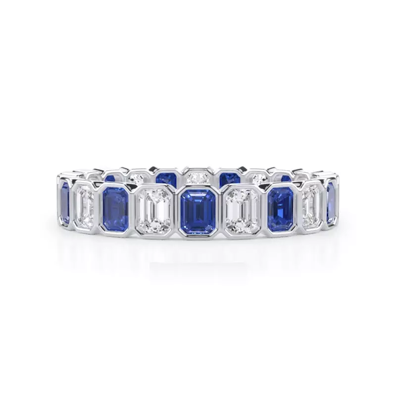18K White Gold Sapphire and Diamond Emerald-Cut Bezel Eternity Band