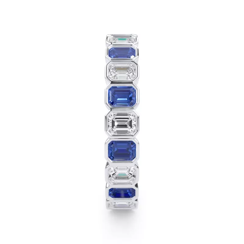 18K White Gold Sapphire and Diamond Emerald-Cut Bezel Eternity Band