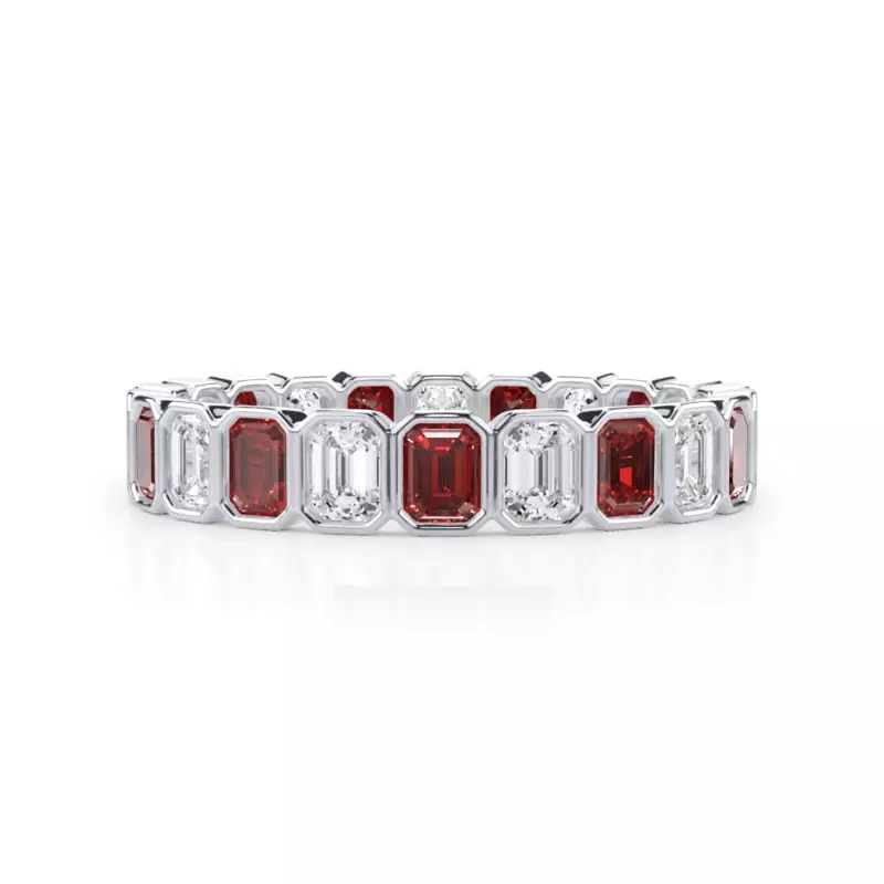 14K White Gold Ruby and Lab Diamond Emerald-Cut Bezel Eternity Band