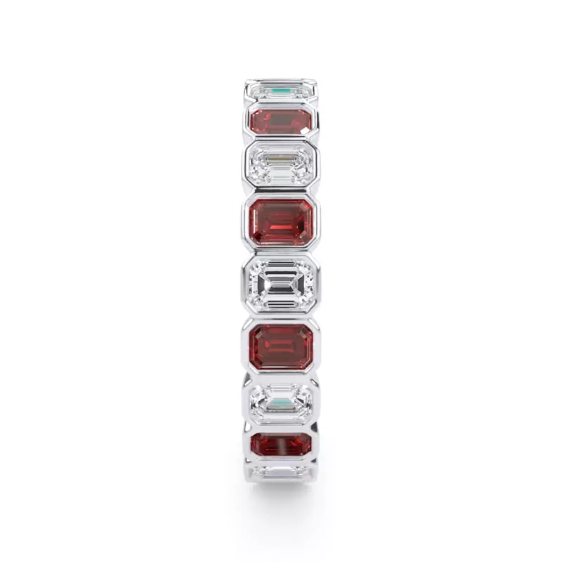 14K White Gold Ruby and Lab Diamond Emerald-Cut Bezel Eternity Band