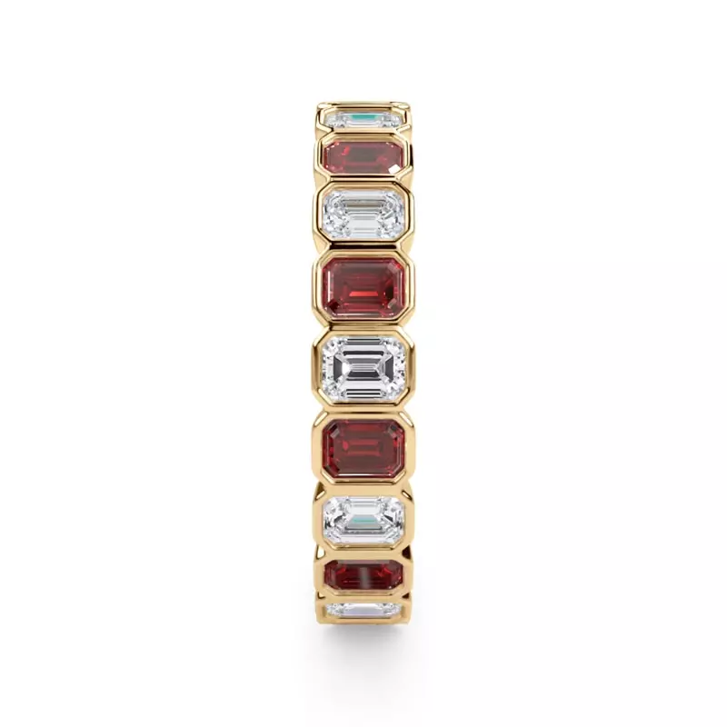 14K Yellow Gold Ruby and Lab Diamond Emerald-Cut Bezel Eternity Band