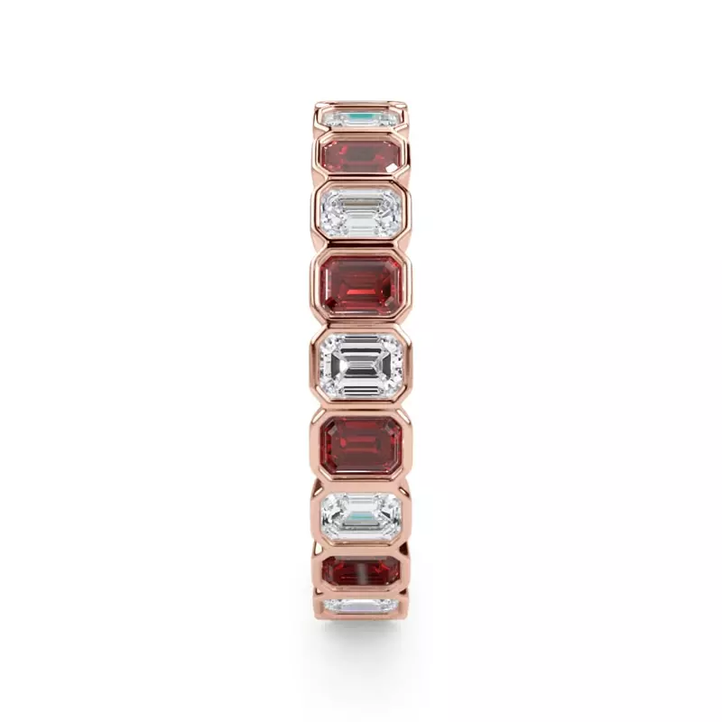 18K Rose Gold Ruby and Lab Diamond Emerald-Cut Bezel Eternity Band
