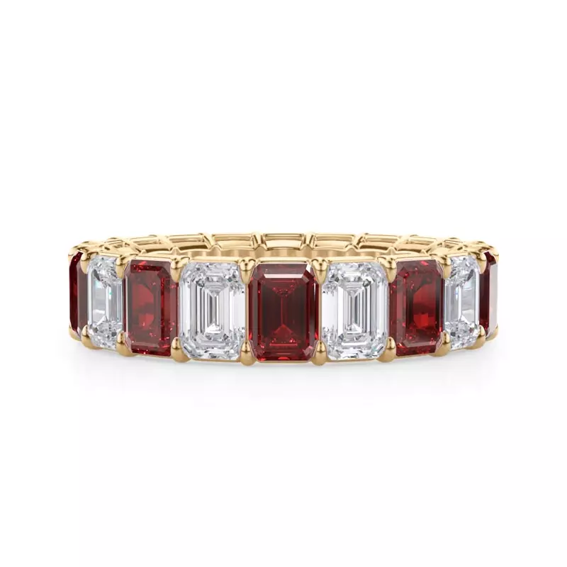 14K Yellow Gold Classic Emerald-Cut Ruby and Lab Eternity Ring