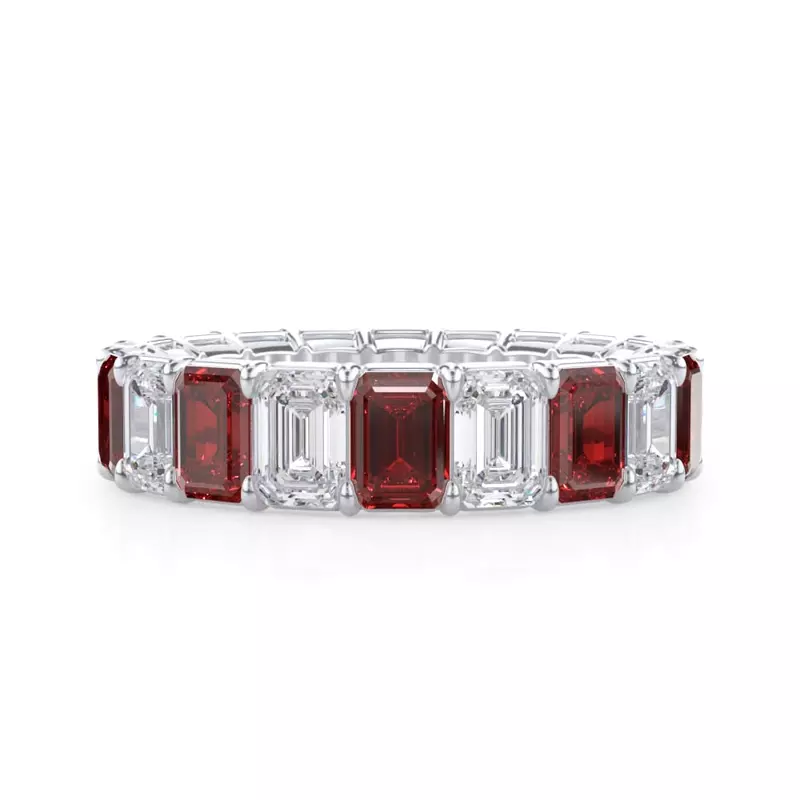 Platinum Classic Emerald-Cut Ruby and Diamond Eternity Ring