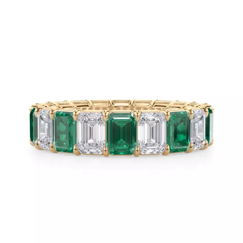 14K Yellow Gold Classic Emerald-Cut Emerald and Lab Eternity Ring