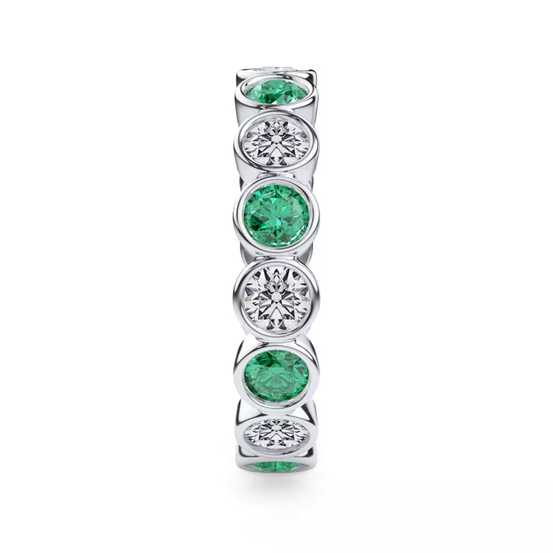 14K White Gold EmeraId and Diamond Bezel-Set Eternity Ring
