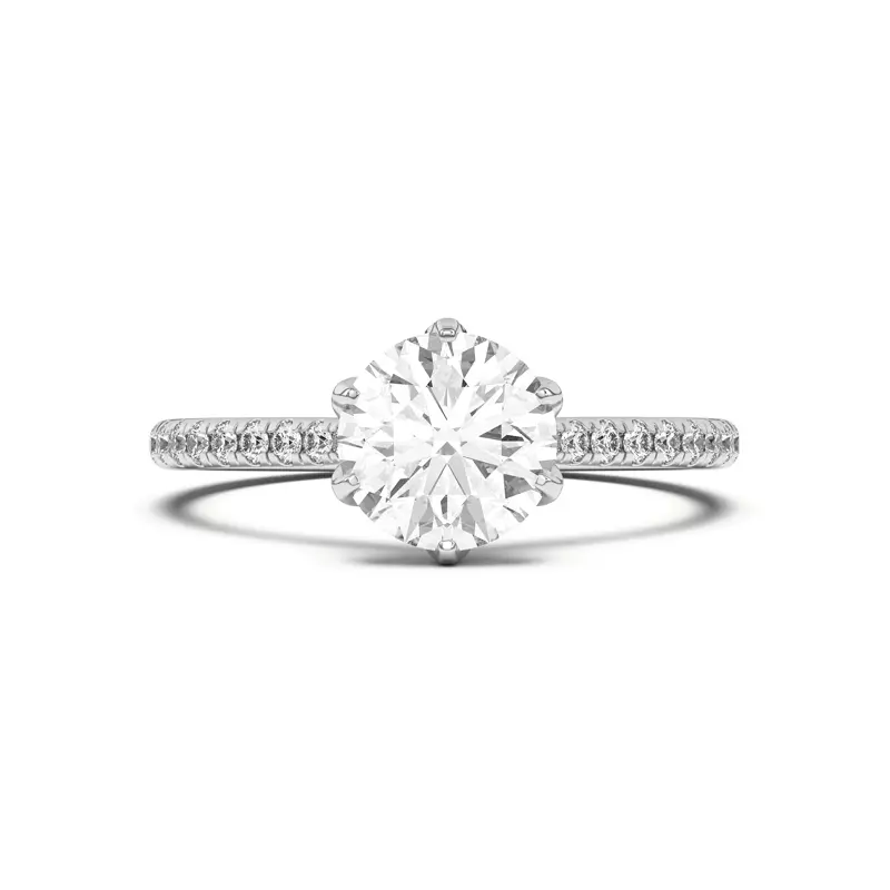 14K White Gold Marigold Tulip Inspired 6 Prong Engagement Ring with Pavé shank