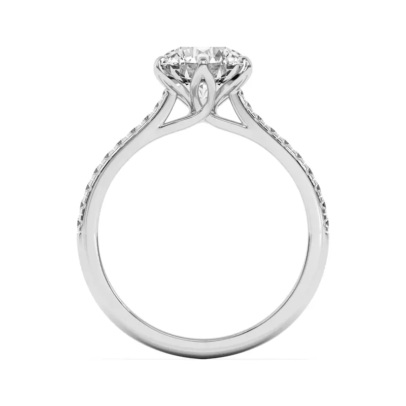 14K White Gold Marigold Tulip Inspired 6 Prong Engagement Ring with Pavé shank