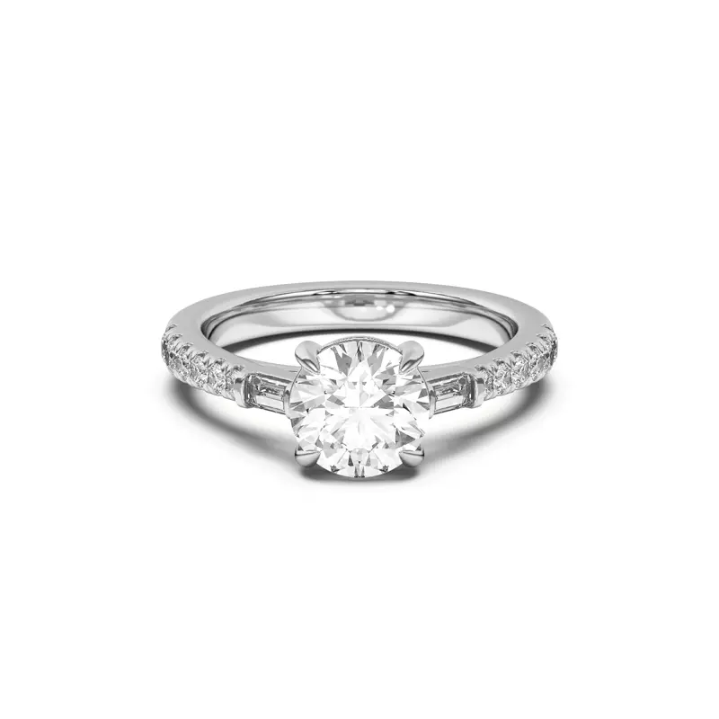 14K White Gold Francesca Round And Baguette Cathedral Engagement Ring