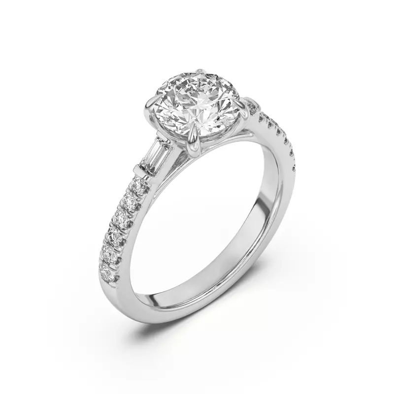 14K White Gold Francesca Round And Baguette Cathedral Engagement Ring