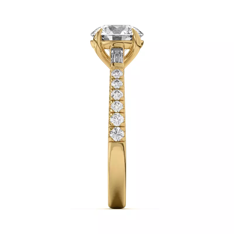 14K Yellow Gold Francesca Round And Baguette Cathedral Engagement Ring