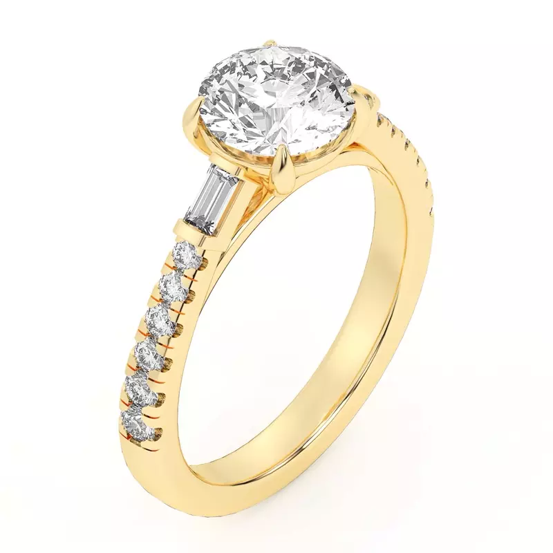 18K Yellow Gold Francesca Round And Baguette Cathedral Engagement Ring