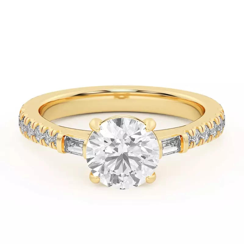 18K Yellow Gold Francesca Round And Baguette Cathedral Engagement Ring