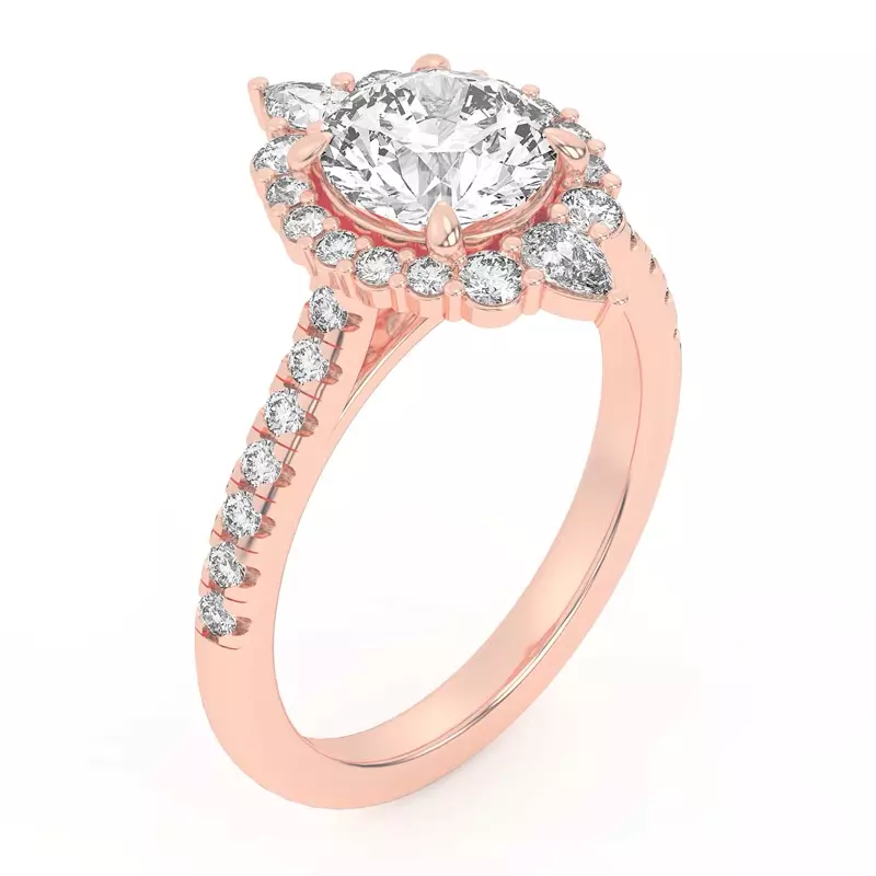 14K Rose Gold Lexa Round and Pear Diamond Halo Engagement Ring