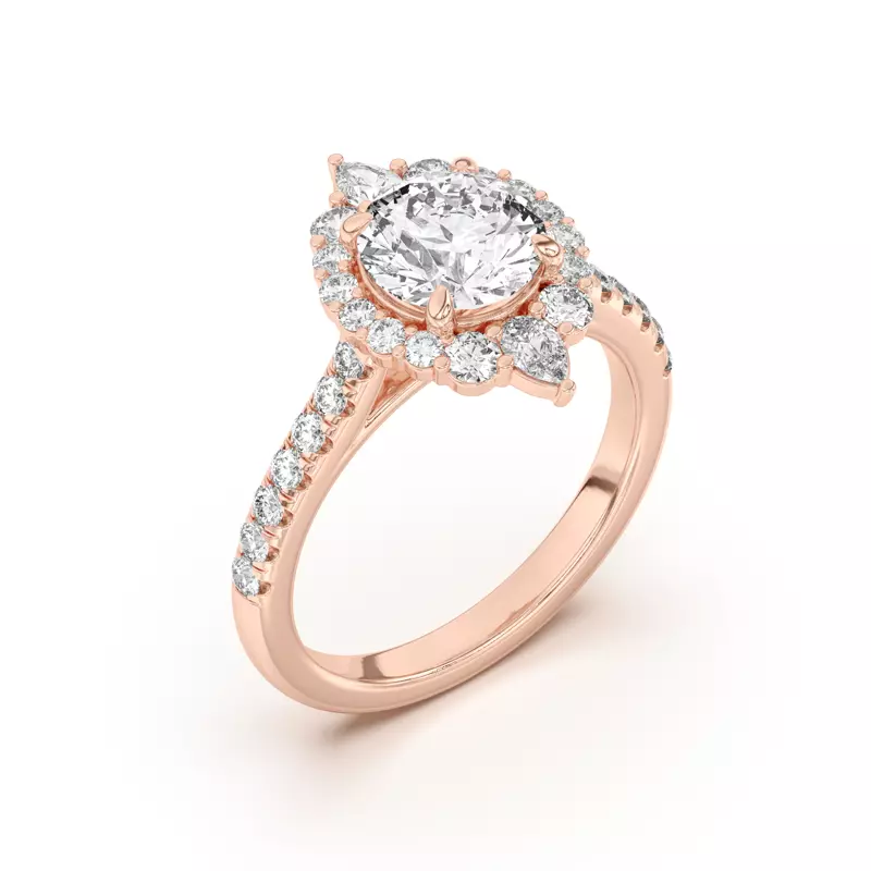18K Rose Gold Lexa Round and Pear Diamond Halo Engagement Ring