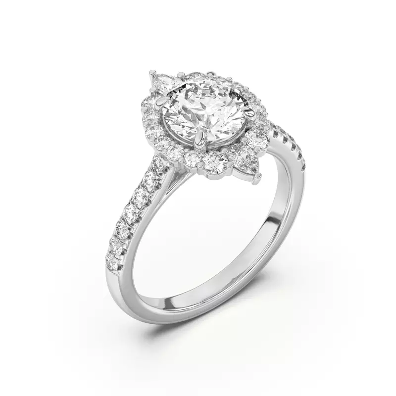 18K White Gold Lexa Round and Pear Diamond Halo Engagement Ring