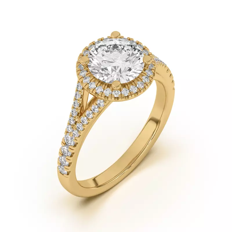 18K Yellow Gold Clarissa Split Shank Halo Engagement Ring