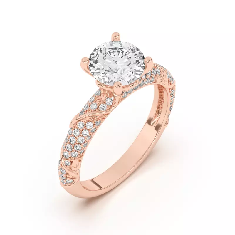 14K Rose Gold Laurel Twisting Vine And Leaf Pavé Engagement Ring