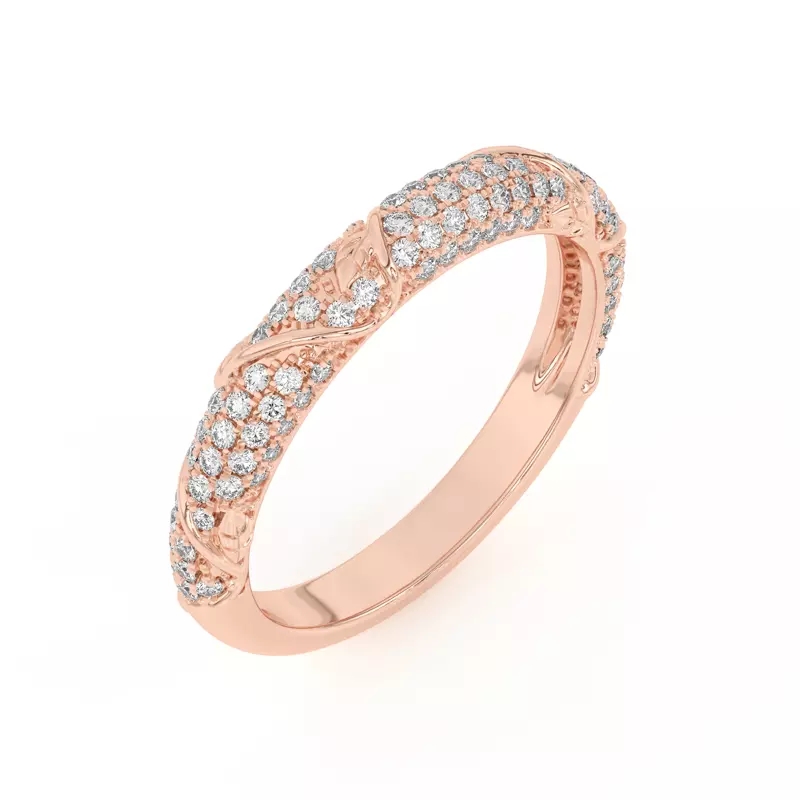 14K Rose Gold Laurel Twisting Vine And Leaf Pavé Band