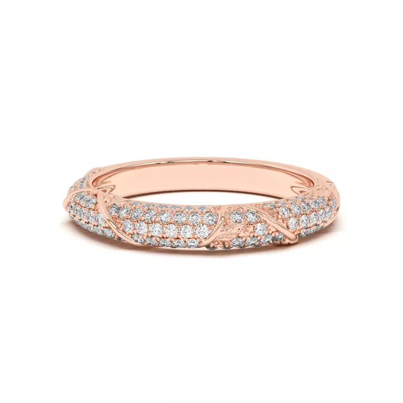 14K Rose Gold Laurel Twisting Vine And Leaf Pavé Band