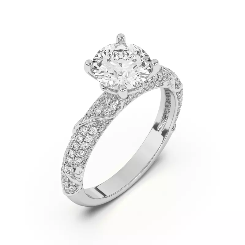 14K White Gold Laurel Twisting Vine And Leaf Pavé Engagement Ring