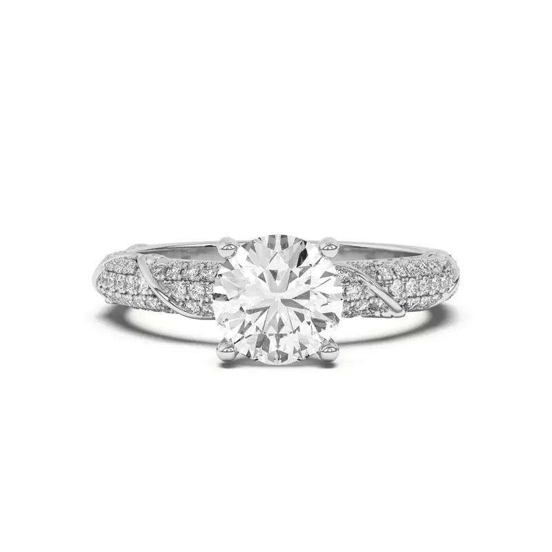 14K White Gold Laurel Twisting Vine And Leaf Pavé Engagement Ring