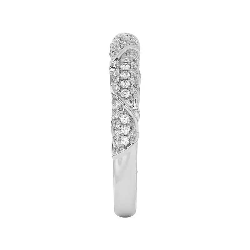14K White Gold Laurel Twisting Vine And Leaf Pavé Band