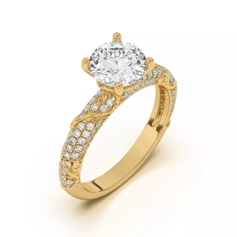 14K Yellow Gold Laurel Twisting Vine And Leaf Pavé Engagement Ring