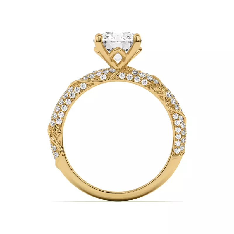 14K Yellow Gold Laurel Twisting Vine And Leaf Pavé Engagement Ring