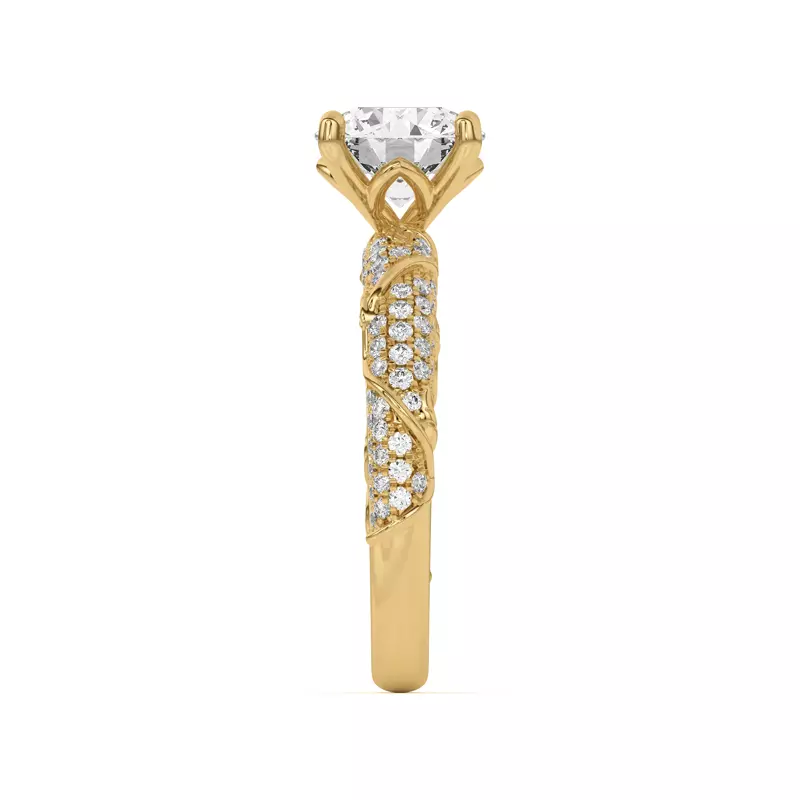 14K Yellow Gold Laurel Twisting Vine And Leaf Pavé Engagement Ring