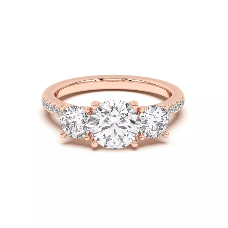 14K Rose Gold Timeless Three-Stone Lab Ring with Pavé Accents 